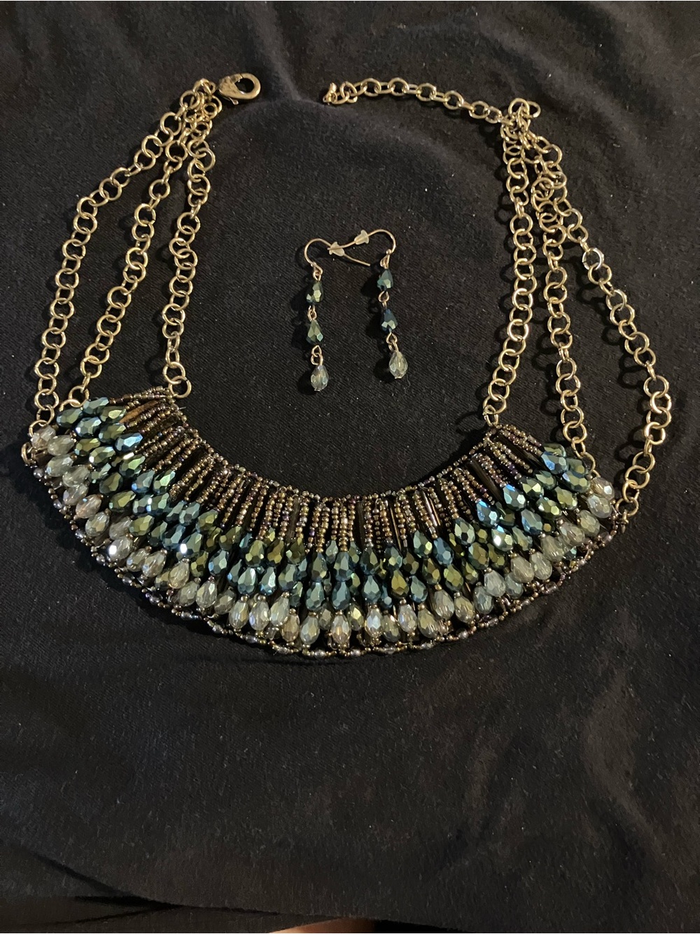 Gold-Tone Beaded Egyptian Style Bib Necklace and Earrings -Iridescent Green/Blue